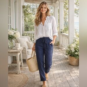 Cyrillus Paris,Navy Double-Gauze Cotton Lounge Pants,Tassel-Waist Euro,Size XS/S